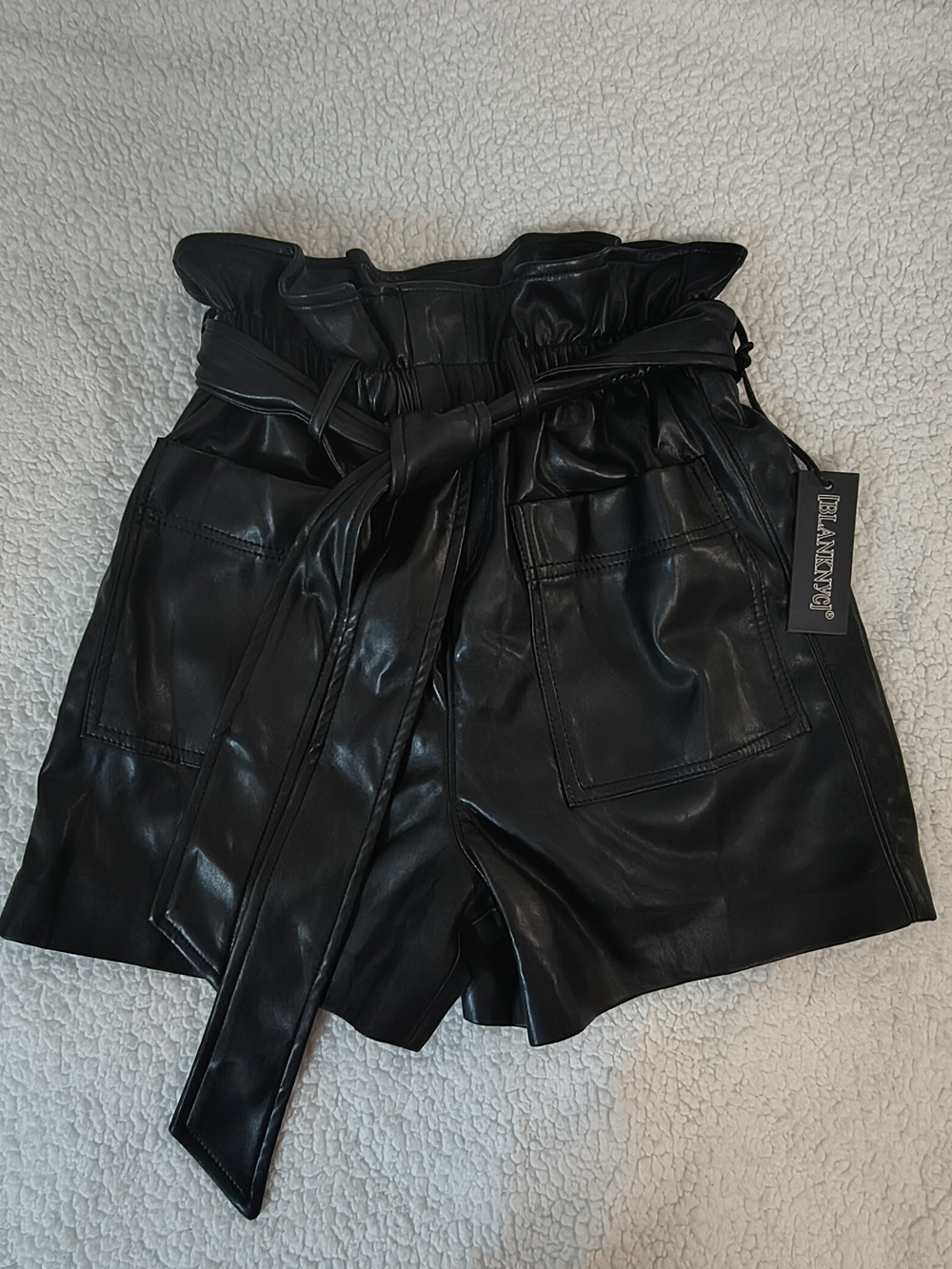 Blank NYC Black Faux Leather High-Waist Paperbag Shorts